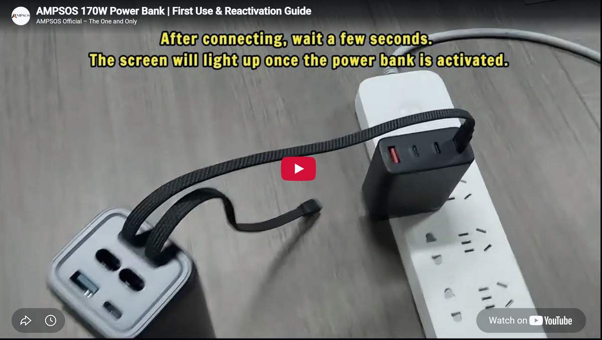 Load video: AMPSOS 170W Power Bank first use and USB-C1 reactivation guide